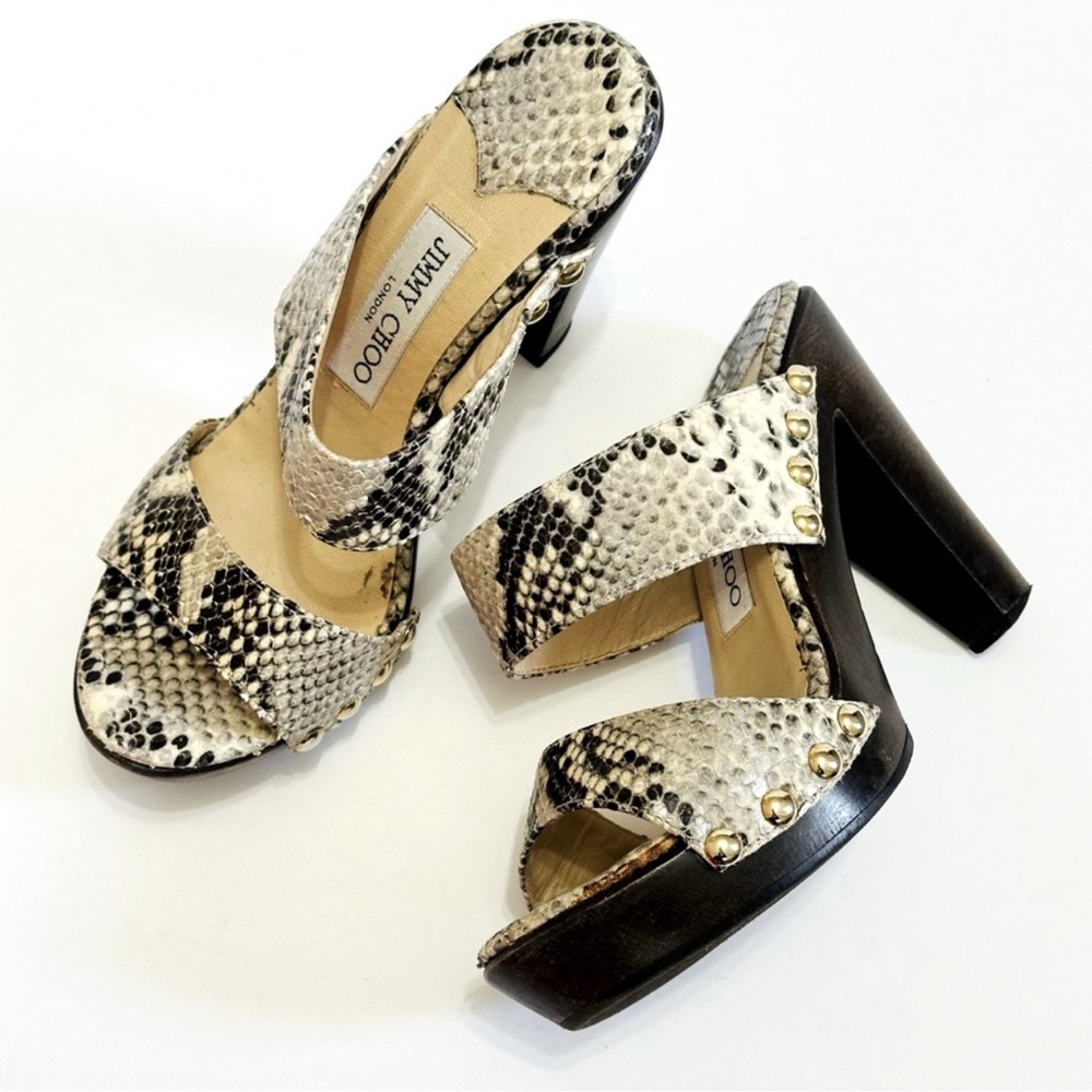 Jimmy Choo Black and Cream Heels with Snakeskin Pattern
